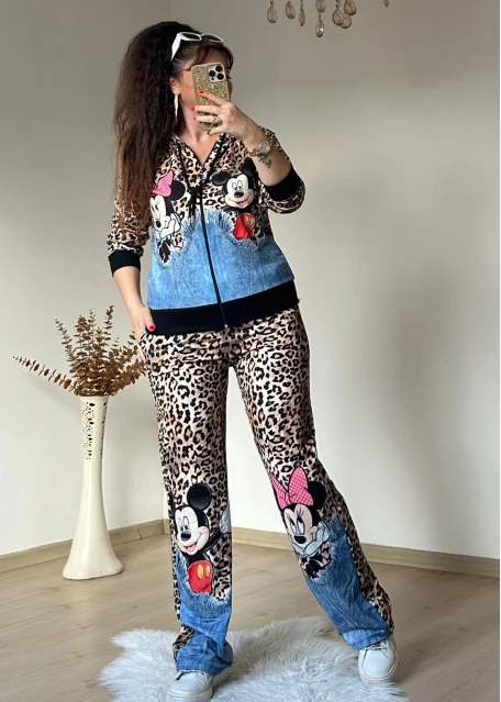 Leopar Karakter Baskılı Kot Detaylı Takım