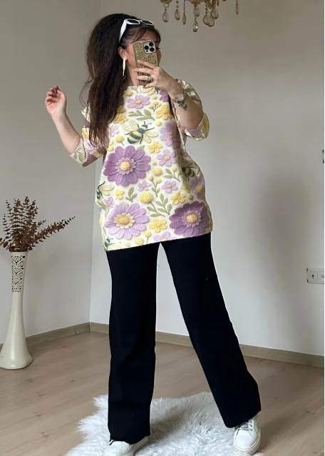 Lila Gül Desen Triko Takım