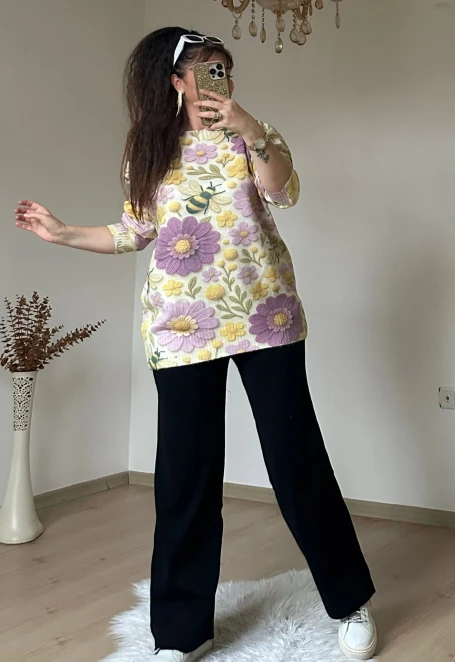 Lila Gül Desen Triko Takım