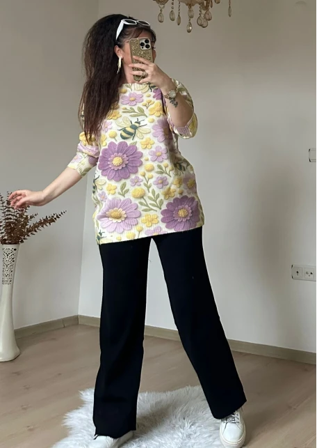 Lila Gül Desen Triko Takım