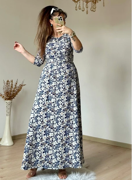 Mavi Çıtır Çıceklı Bürümcük Elbise