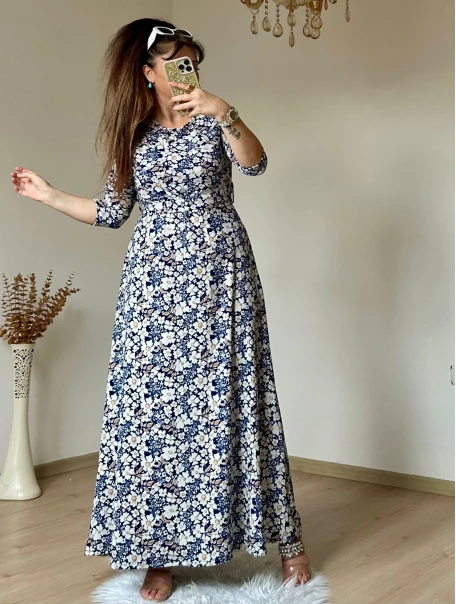 Mavi Çıtır Çıceklı Bürümcük Elbise