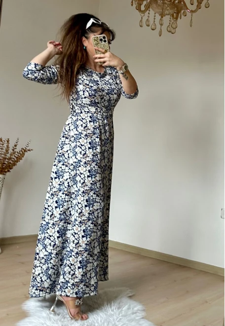 Mavi Çıtır Çıceklı Bürümcük Elbise