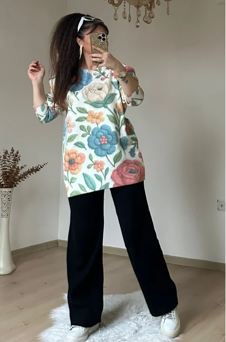 Mavi Gül Desen Triko Takım