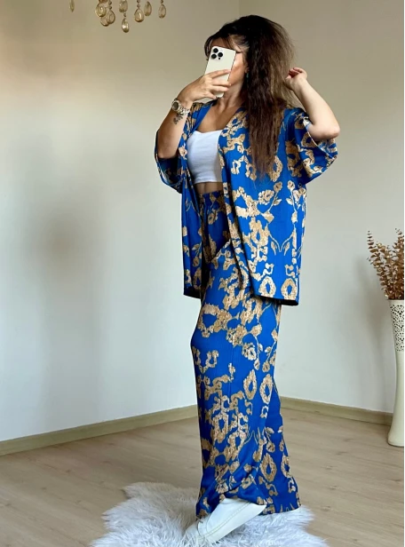 Mavı Motif Desen Kimono Takım