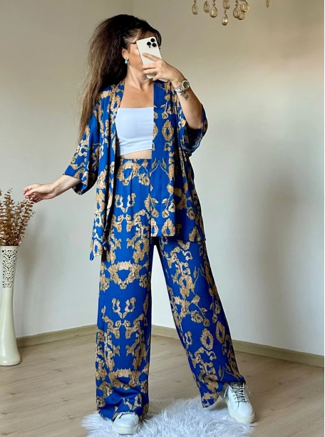 Mavı Motif Desen Kimono Takım