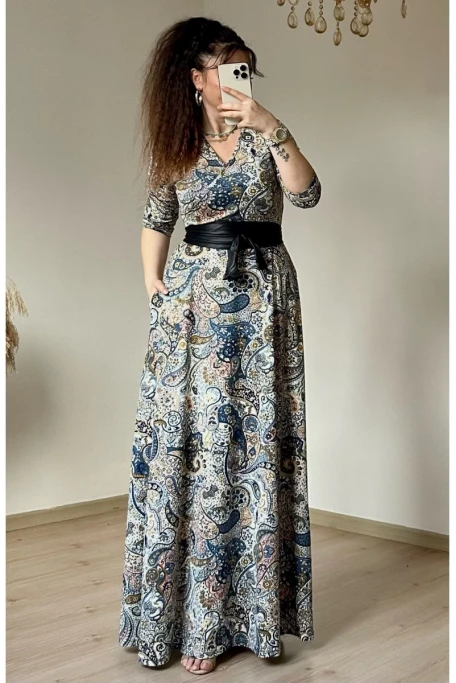 Tam Boy Mavi Şal Desen Elbise