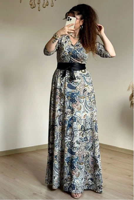 Tam Boy Mavi Şal Desen Elbise