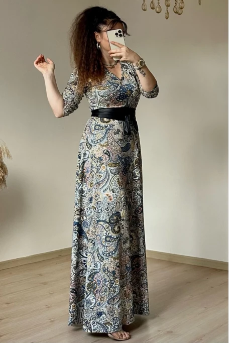 Tam Boy Mavi Şal Desen Elbise