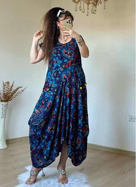 Mavi Şal Desen Şalvar Elbise