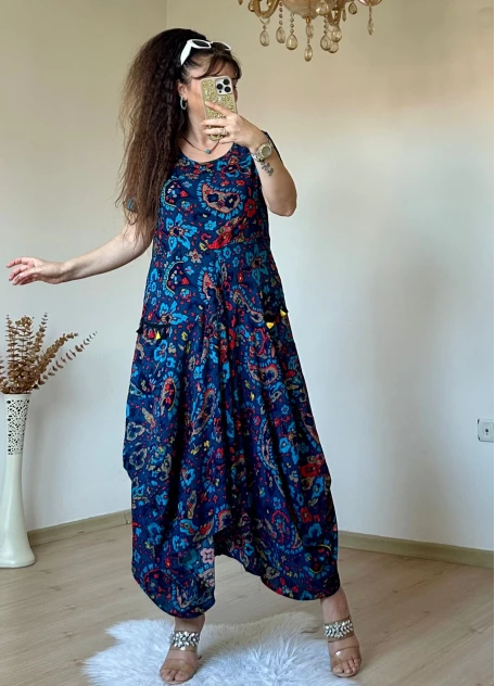 Mavi Şal Desen Şalvar Elbise