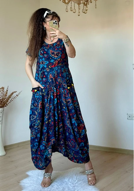 Mavi Şal Desen Şalvar Elbise