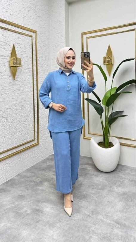 Müslin Pantolon Takım Mavi