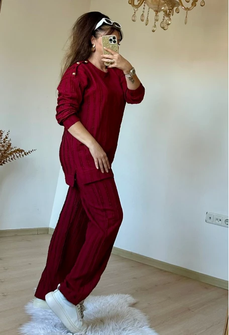 Omuz Gold Düğmeli Takım Bordo