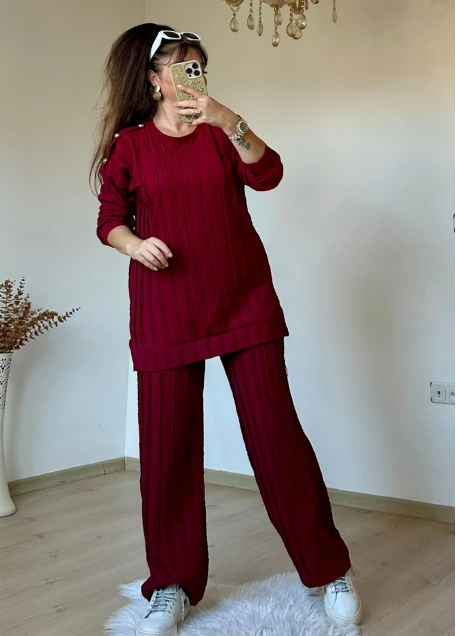 Omuz Gold Düğmeli Takım Bordo