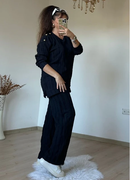 Omuz Gold Düğmeli Takım Siyah