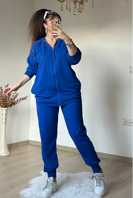 Omuz Ve Cebi İnci Ve Taşlı Takım Mavi