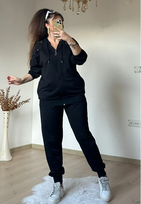 Omuz Ve Cebi İnci Ve Taşlı Takım Siyah