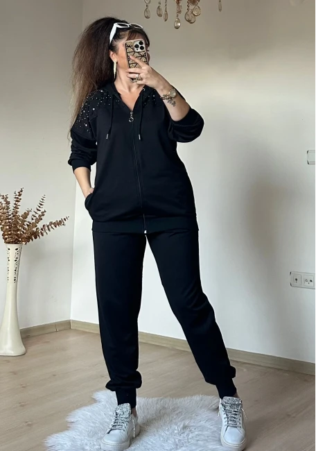 Omuz Ve Cebi İnci Ve Taşlı Takım Siyah