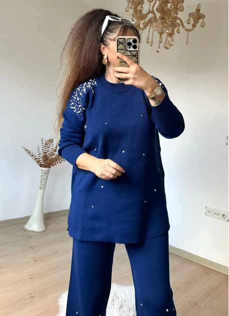 Omuz Ve Paça İncili Taşlı Takım Lacivert