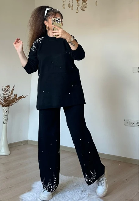 Omuz Ve Paça İncili Taşlı Takım Siyah