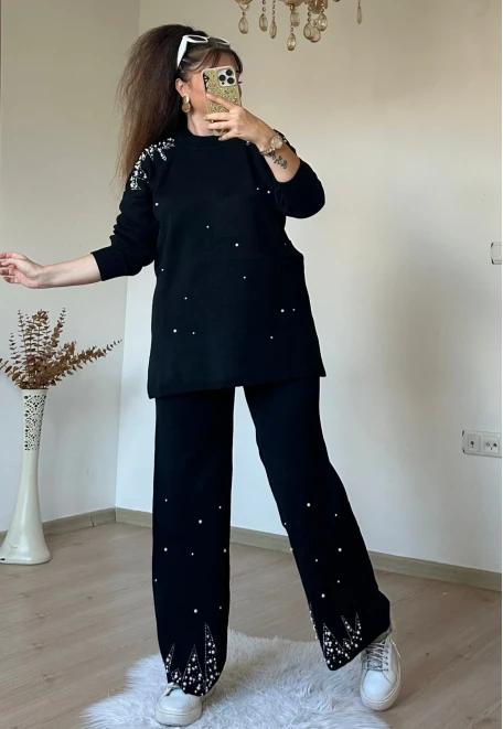 Omuz Ve Paça İncili Taşlı Takım Siyah