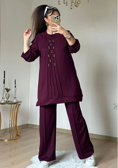 Ön Dikiş Detaylı Taşlı Takım Bordo Büyük Beden