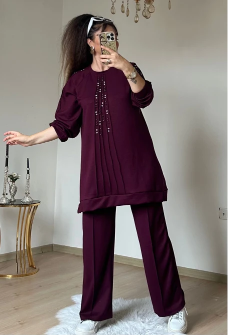 Ön Dikiş Detaylı Taşlı Takım Bordo Büyük Beden