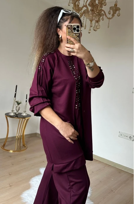 Ön Dikiş Detaylı Taşlı Takım Bordo Büyük Beden