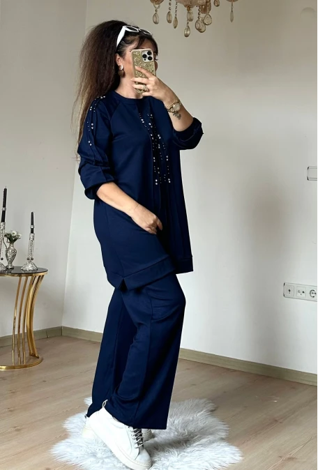 Ön Dikiş Detaylı Taşlı Takım Lacivert Büyük Beden