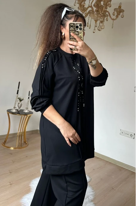 Ön Dikiş Detaylı Taşlı Takım Siyah Büyük Beden