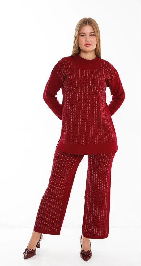 Ön Taşlı Triko Takım Bordo