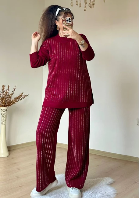 Ön Taşlı Triko Takım Bordo