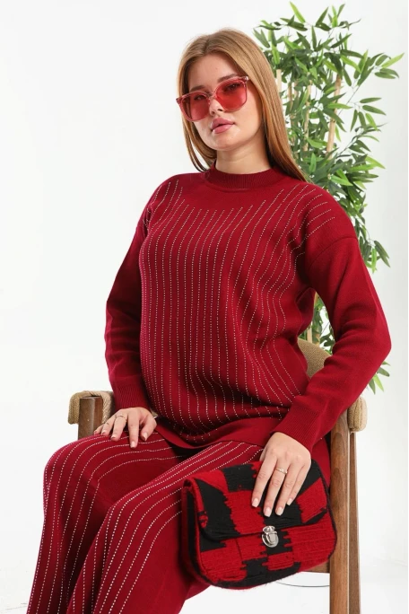 Ön Taşlı Triko Takım Bordo