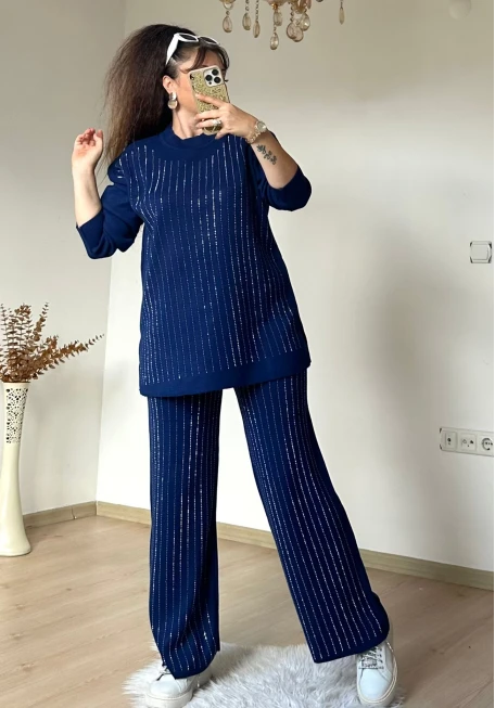 Ön Taşlı Triko Takım Mavi