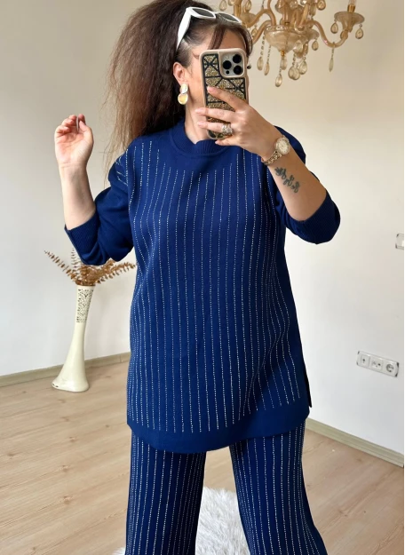 Ön Taşlı Triko Takım Mavi