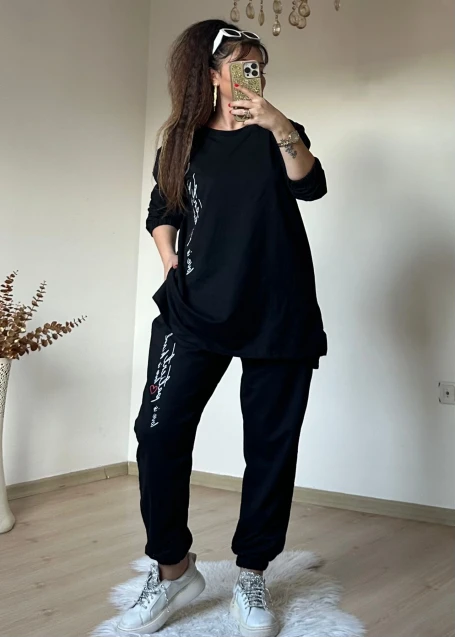 Ön Yazılı Takım Sıyah Büyük Beden