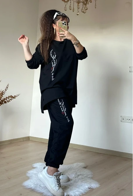 Ön Yazılı Takım Sıyah Büyük Beden