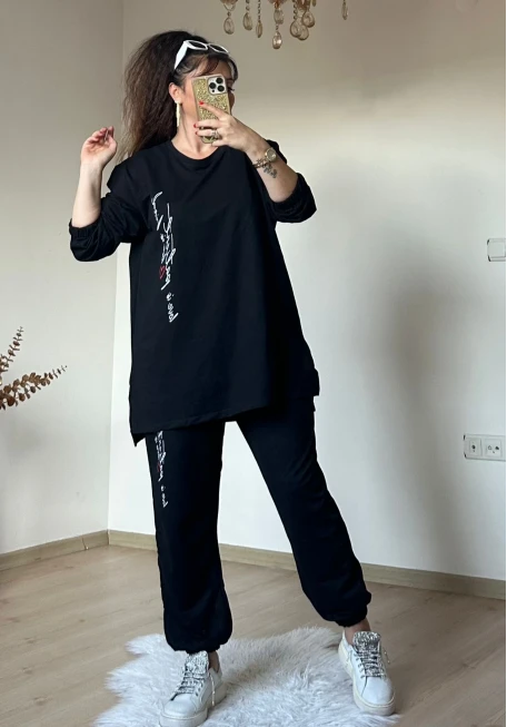 Ön Yazılı Takım Sıyah Büyük Beden