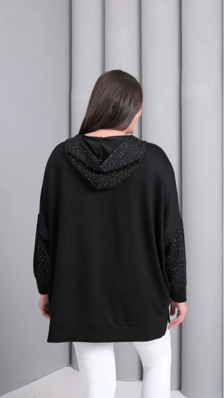 Önü Fermuarlı Sweatshirt Simli Taş Detaylı