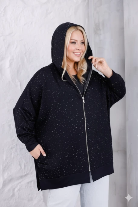 Önü Fermuarlı Sweatshirt Simli Taş Detaylı