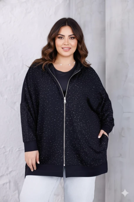 Önü Fermuarlı Sweatshirt Simli Taş Detaylı