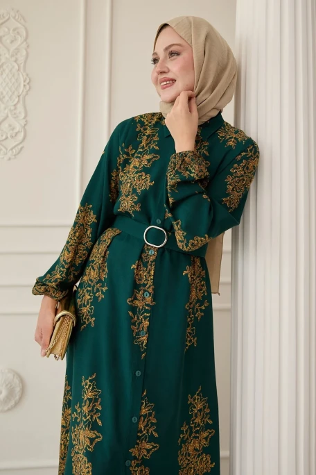Otantık Desen Gömlek Elbise Yeşil