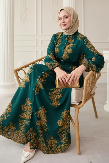 Otantık Desen Gömlek Elbise Yeşil