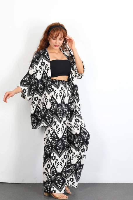 Otantik Desen Kimono Takım Siyah