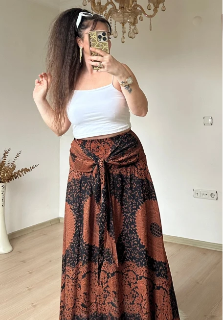 Otantik Desenli Etek Kahve