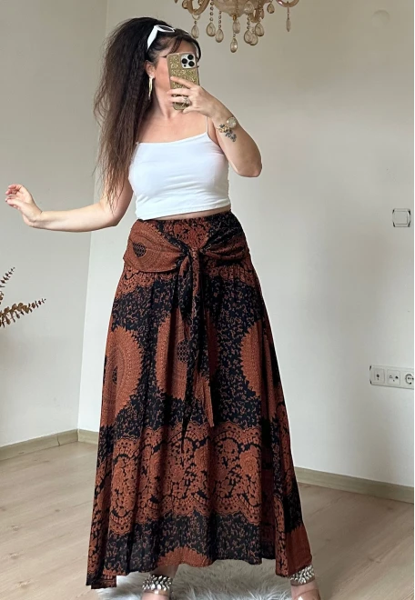 Otantik Desenli Etek Kahve
