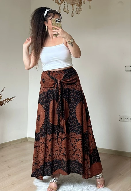 Otantik Desenli Etek Kahve