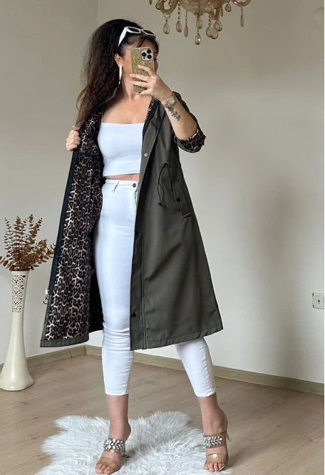 Patlı Trençkot Haki Büyük Beden