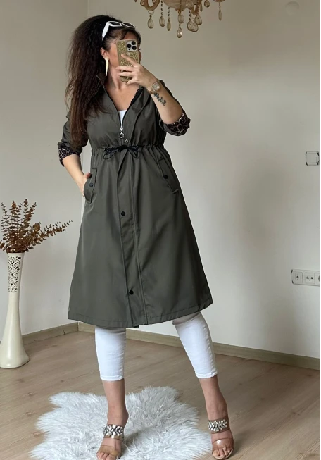 Patlı Trençkot Haki Büyük Beden